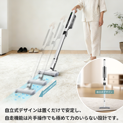 Hearten cordless flexible vacuum cleaner with self-propelling design, lightweight 1.25kg, brushless motor, and anti-tangle feature.